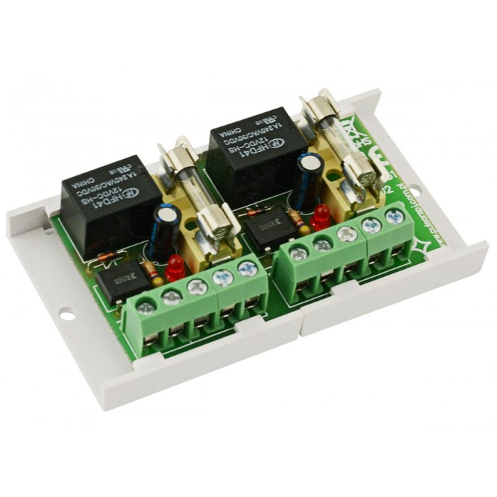 PULSAR - AWZ512 Πλακέτα ρελέ (x2) με τάσης διέγερσης 10÷16VDC, σε πλαστική βάση με ταινία διπλής όψεως, ενδεικτικό LED λειτουργίας και ασφάλειες (2 x 1.5A).