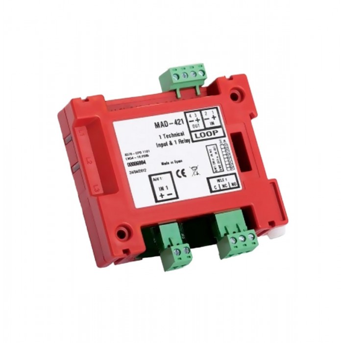 DETNOV - MAD-421-I Διευθυνσιοδοτούμενο module 1 τεχνικής εισόδου NC/NO και 1 εξόδου ξηρής επαφής relay (1A @ 30VDC), με ενσωματωμένο isolator. DETNOV - MAD-421-I Διευθυνσιοδοτούμενο module 1 τεχνικής εισόδου NC/NO και 1 εξόδου ξηρής επαφής relay (1A @ 30VDC), με ενσωματωμένο isolator.
