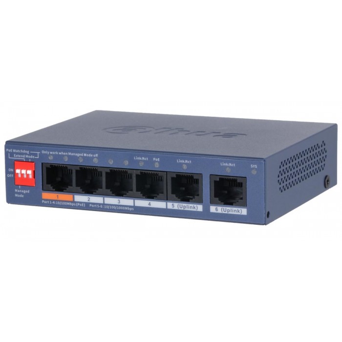 DAHUA - CS4006-4ET2GT-60 Cloud Managed switch με 4 θύρες PoE 100Μbps και 2 θύρες Uplink 1000Mbps. Aπομακρυσμένη διαχείριση μέσω κινητού. Τροφοδοσία 60W.