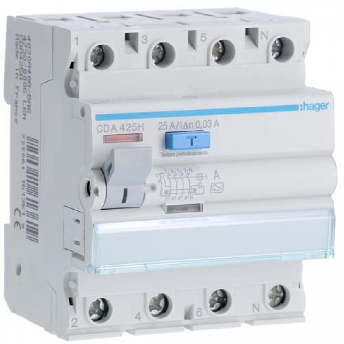 Ρελέ Διαρροής A 4P 25Α 30mA CDA425H HAGER