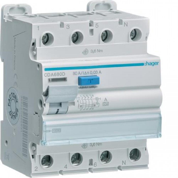 Ρελέ Διαρροής A 4P 80A 30mA CDA680D HAGER