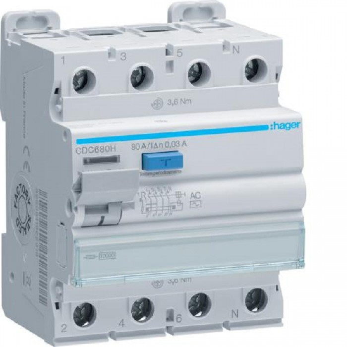 Ρελέ Διαρροής AC 4P 80Α 30mA CDC680H HAGER