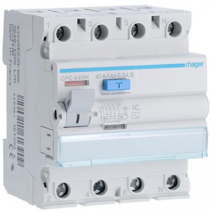Ρελέ Διαρροής AC 4P 40A 300mA Επιλεκτικού Τύπου (S) CPC440H HAGER