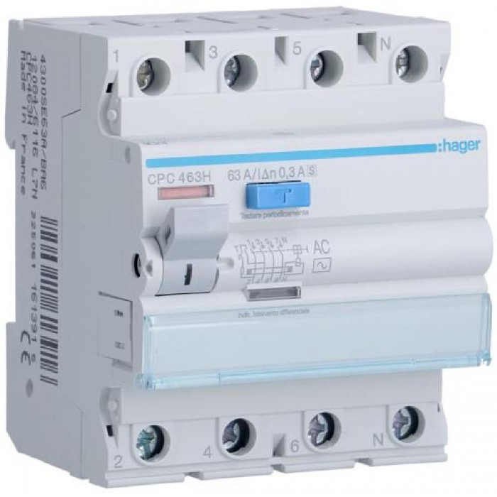 Ρελέ Διαρροής AC 4P 63A 300mA Επιλεκτικού Τύπου (S) CPC463H HAGER