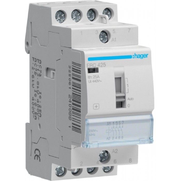 Ρελέ Ισχύος Ράγας 4P 25A 4NO 230VAC Με Χειρισμό ERC425 HAGER