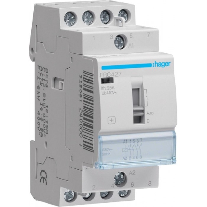 Ρελέ Ισχύος Ράγας 4P 25A 2NO+2NC 230VAC Με Χειρισμό ERC427 HAGER