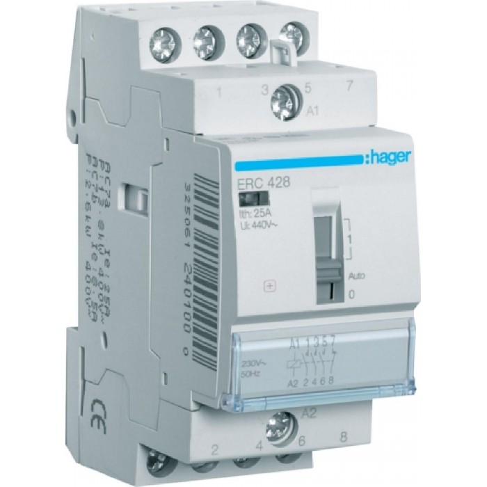 Ρελέ Ισχύος Ράγας 4P 25A 3NO+1NC 230VAC Με Χειρισμό ERC428 HAGER