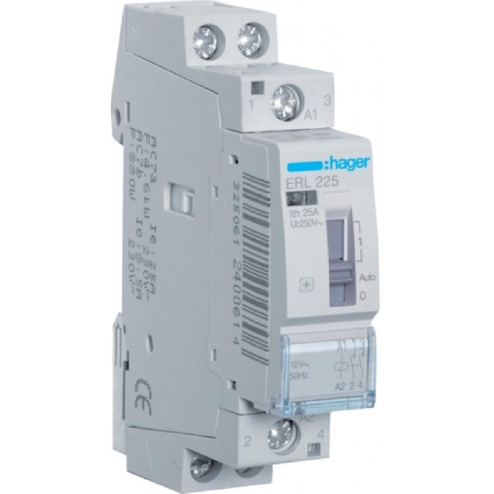 Ρελέ Ισχύος Ράγας 2P 25A 2NO 12VAC Με Χειρισμό ERL225 HAGER