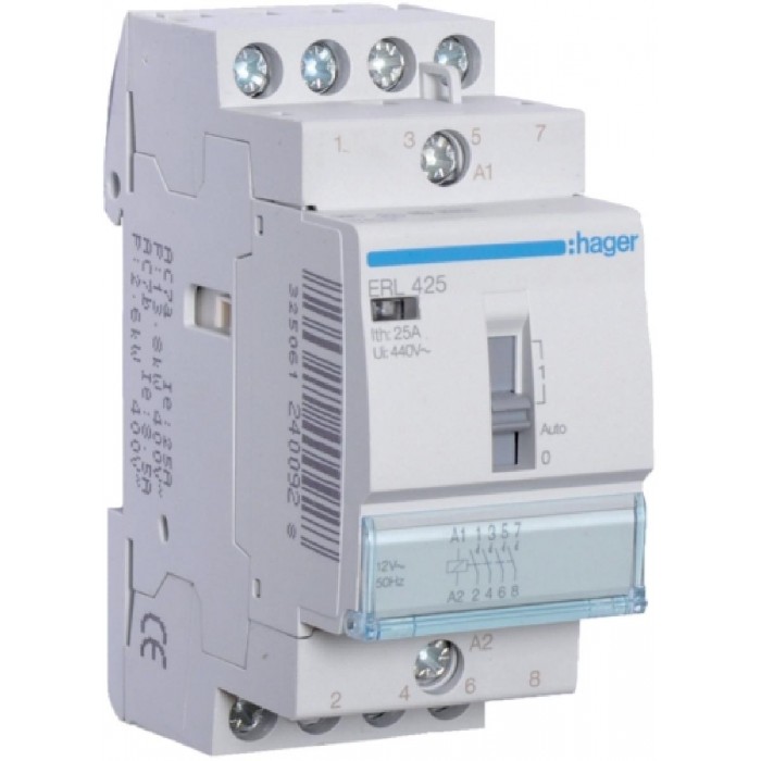 Ρελέ Ισχύος Ράγας 4P 25A 4NO 12VAC Με Χειρισμό ERL425 HAGER