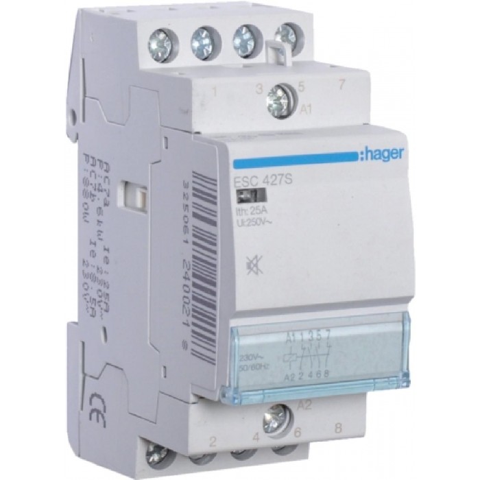 Ρελέ Ισχύος Ράγας 4P 25A 2NO+2NC 230V Αθόρυβος ESC427S HAGER