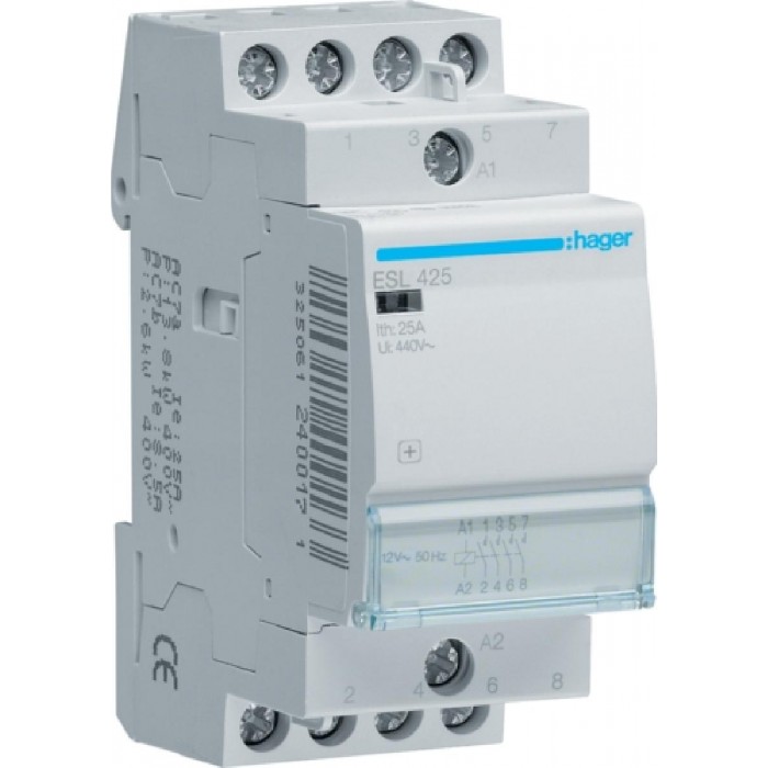 Ρελέ Ισχύος Ράγας 4P 25A 4NO 12VAC ESL425 HAGER