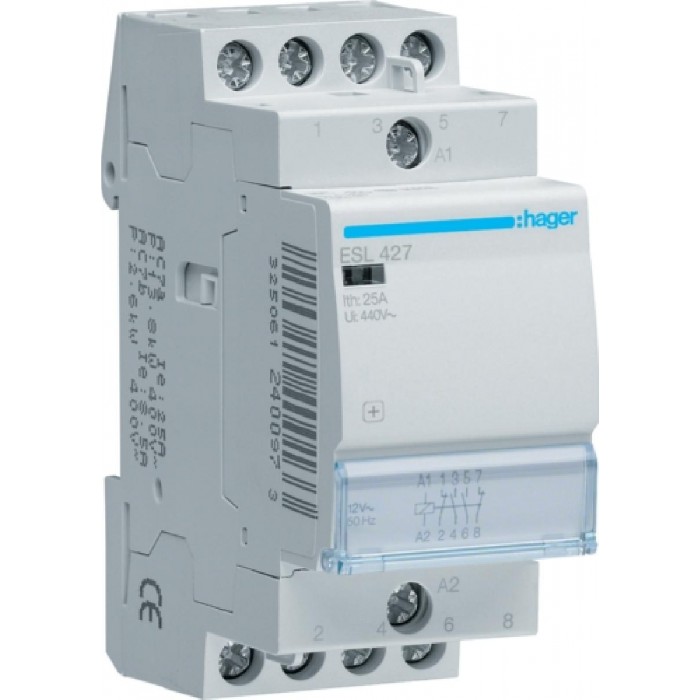 Ρελέ Ισχύος Ράγας 4P 25A 2NO+2NC 12VAC ESL427 HAGER