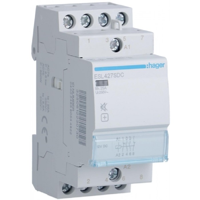 Ρελέ Ισχύος Ράγας 4P 25A 2NO+2NC 12VDC Αθόρυβος ESL427SDC HAGER