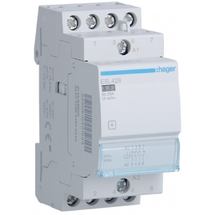 Ρελέ Ισχύος Ράγας 4P 25A 3NO+1NC 12VAC ESL428 HAGER
