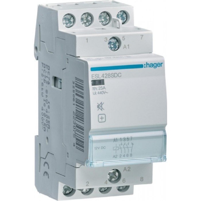 Ρελέ Ισχύος Ράγας 4P 25A 3NO+1NC 12VDC Αθόρυβος ESL428 HAGER
