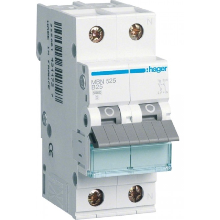 Αυτόματη Ασφάλεια 1P+N B 25A 6kAMBN525 HAGER