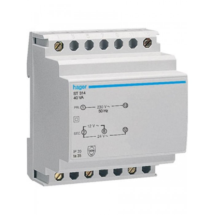 Μετασχηματιστής Ράγας 40VA Με Έξοδο 12-24VAC ST314 HAGER
