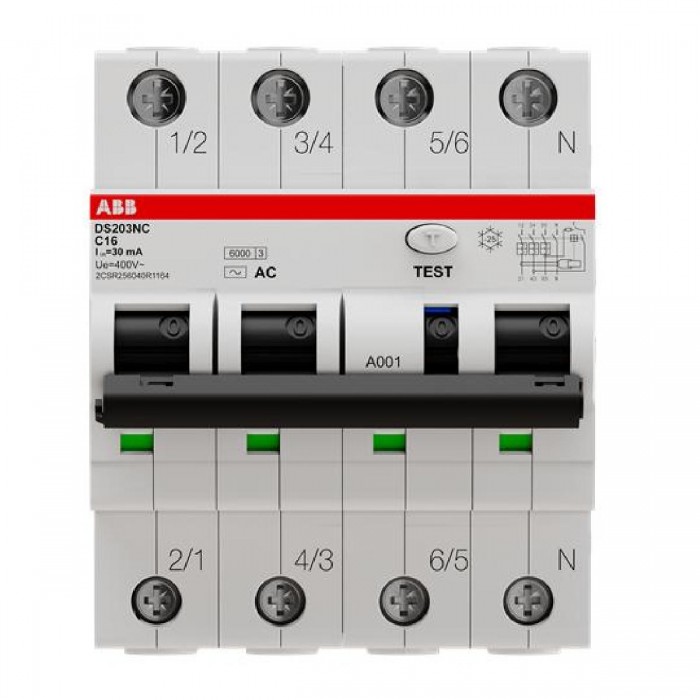 Ρελέ Διαρροής AC 4Ρ 30mA Με Αυτόματη Ασφάλεια C 16Α 6kA DS203NC-C16-AC30 ABB