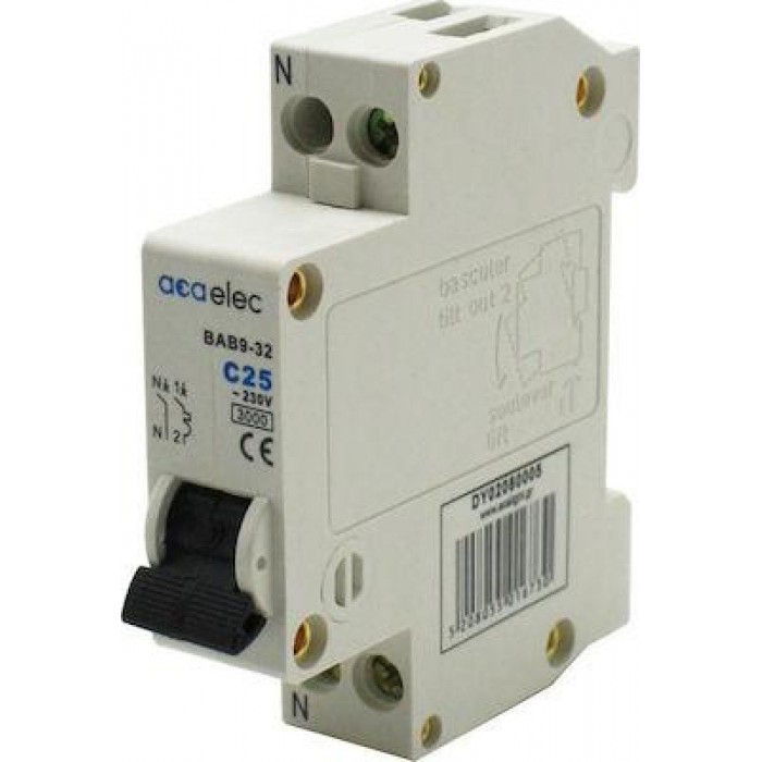 Αυτόματη Ασφάλεια 1P+N C 25A 3kA 1 Στοιχείου DY02080005 ACAELEC