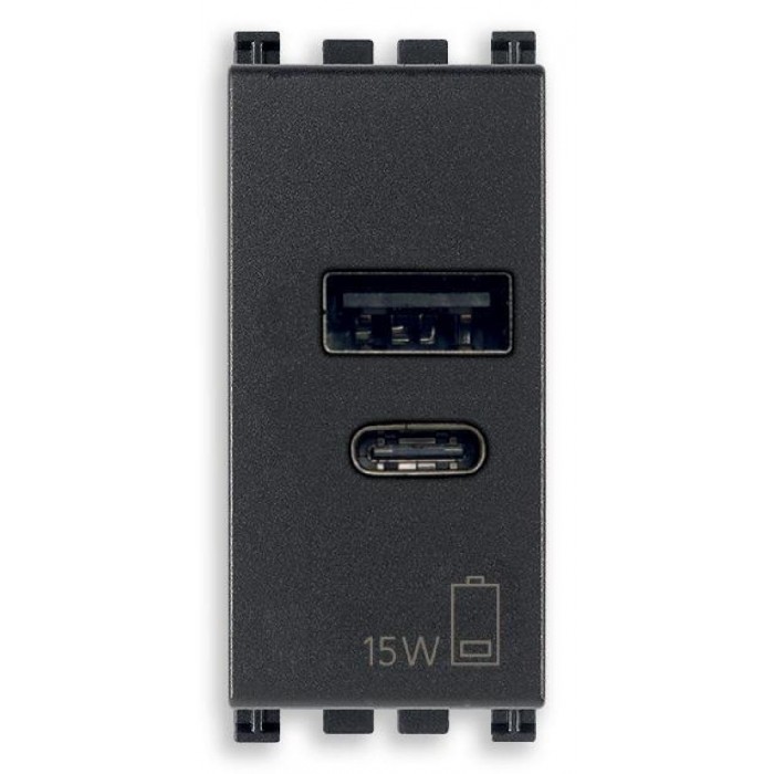 Πρίζα Φόρτισης USB Διπλή TypeA+C 1 Στοιχείου Γκρί Arke 19292.AC.15 VIMAR
