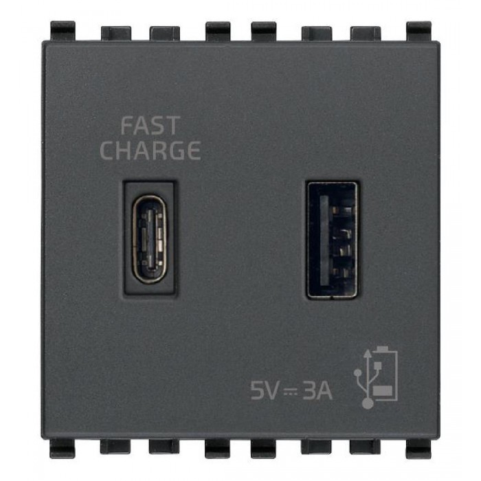 Πρίζα Φόρτισης USB Διπλή TypeA+C 2 Στοιχείων Γκρι Eikon 20295.AC VIMAR
