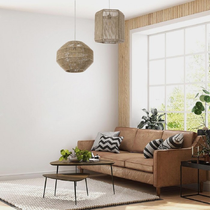 GloboStar® CAYMAN 00519 Boho Κρεμαστό Φωτιστικό Οροφής Μονόφωτο 1 x E27 AC220-240V IP20 - Φ40 x Υ40cm - Μπεζ Λεπτό Σχοινί Τριχιά Πλέγμα