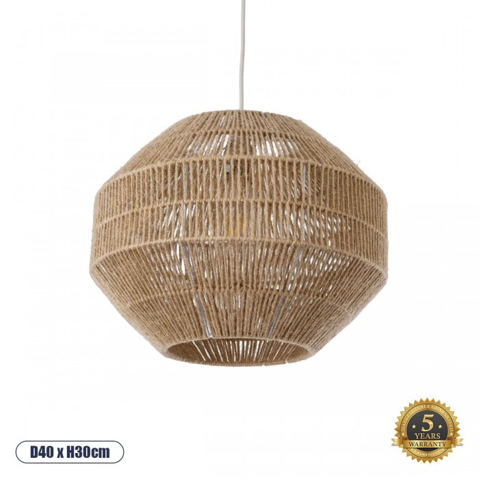 GloboStar® CAYMAN 00522 Boho Κρεμαστό Φωτιστικό Οροφής Μονόφωτο 1 x E27 AC220-240V IP20 - Φ40 x Υ30cm - Μπεζ Λεπτό Σχοινί Τριχιά Πλέγμα