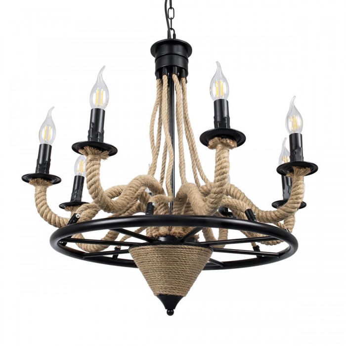 GloboStar® PENNSYLVANIA 00542 Vintage Κρεμαστό Φωτιστικό Ανάρτηση Πολύφωτο 8 x E14 IP20 Μαύρο Μέταλλο με Μπεζ Σχοινί - Μ64 x Π64 x Υ63cm