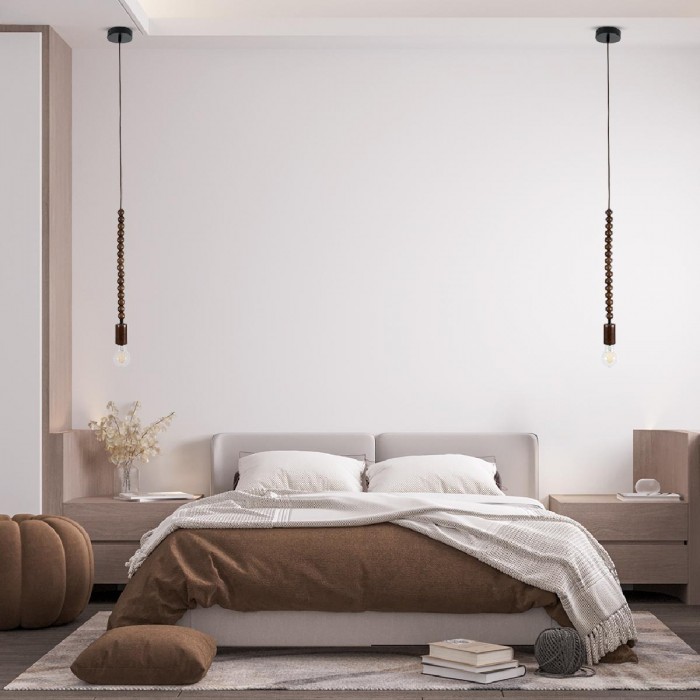 GloboStar® BEADS 00694 Vintage Κρεμαστό Φωτιστικό Οροφής Μονόφωτο 1 x E27 AC220-240V IP20 - Φ4 x Υ47cm - Καφέ Σκούρο Ξύλινο Ανάρτηση