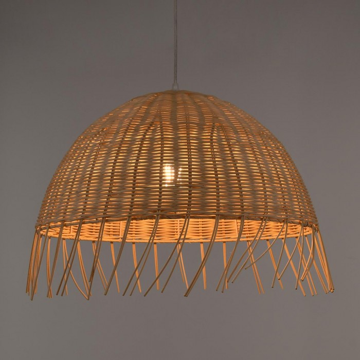 GloboStar® JAKARTA 00712 Vintage Κρεμαστό Φωτιστικό Οροφής Μονόφωτο 1 x E27 Μπέζ Ξύλινο Ψάθινο Μπαμπού Καμπάνα Φ50 x Y36cm