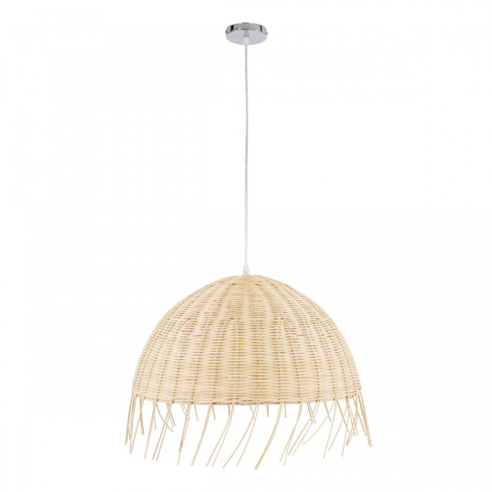 GloboStar® JAKARTA 00712 Vintage Κρεμαστό Φωτιστικό Οροφής Μονόφωτο 1 x E27 Μπέζ Ξύλινο Ψάθινο Μπαμπού Καμπάνα Φ50 x Y36cm