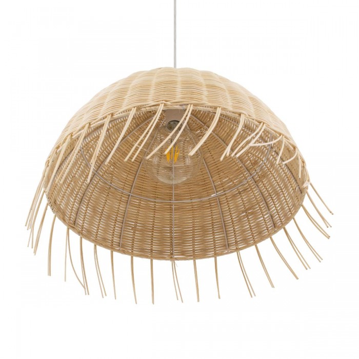 GloboStar® JAKARTA 00712 Vintage Κρεμαστό Φωτιστικό Οροφής Μονόφωτο 1 x E27 Μπέζ Ξύλινο Ψάθινο Μπαμπού Καμπάνα Φ50 x Y36cm