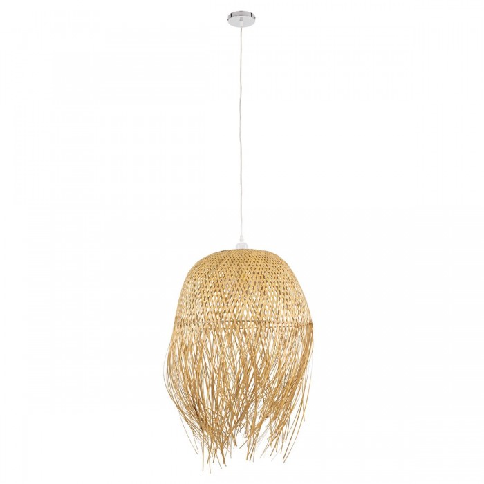 GloboStar® MANILA 00713 Vintage Κρεμαστό Φωτιστικό Οροφής Μονόφωτο 1 x E27 Μπέζ Ξύλινο Ψάθινο Μπαμπού Καμπάνα Φ50 x Y70cm