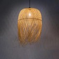 GloboStar® MANILA 00713 Vintage Κρεμαστό Φωτιστικό Οροφής Μονόφωτο 1 x E27 Μπέζ Ξύλινο Ψάθινο Μπαμπού Καμπάνα Φ50 x Y70cm