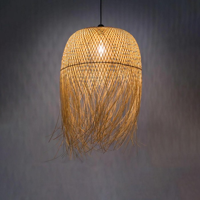 GloboStar® MANILA 00713 Vintage Κρεμαστό Φωτιστικό Οροφής Μονόφωτο 1 x E27 Μπέζ Ξύλινο Ψάθινο Μπαμπού Καμπάνα Φ50 x Y70cm