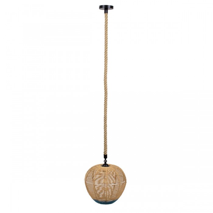 GloboStar® SIMON 00726 Vintage Κρεμαστό Φωτιστικό Οροφής Μονόφωτο 1 x E27 Μπεζ - Μπλε Καμπάνα με Σχοινί Φ30 x Υ30cm