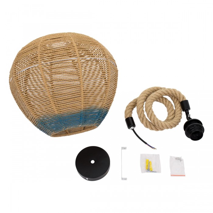 GloboStar® SIMON 00726 Vintage Κρεμαστό Φωτιστικό Οροφής Μονόφωτο 1 x E27 Μπεζ - Μπλε Καμπάνα με Σχοινί Φ30 x Υ30cm
