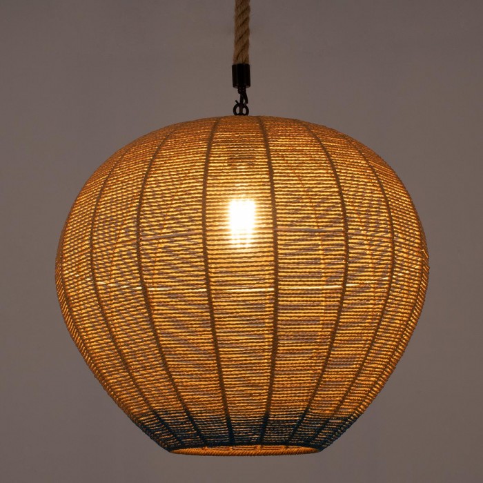 GloboStar® SIMON 00727 Vintage Κρεμαστό Φωτιστικό Οροφής Μονόφωτο 1 x E27 Μπεζ - Μπλε Καμπάνα με Σχοινί Φ50 x Υ47cm