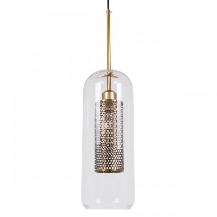 GloboStar® AVERY 00741 Μοντέρνο Κρεμαστό Φωτιστικό Οροφής Μονόφωτο 1 x E27 Διάφανο Γυάλινο με Χρυσό Μεταλλικό Πλέγμα Φ15 x Υ60cm