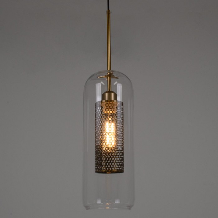 GloboStar® AVERY 00741 Μοντέρνο Κρεμαστό Φωτιστικό Οροφής Μονόφωτο 1 x E27 Διάφανο Γυάλινο με Χρυσό Μεταλλικό Πλέγμα Φ15 x Υ60cm