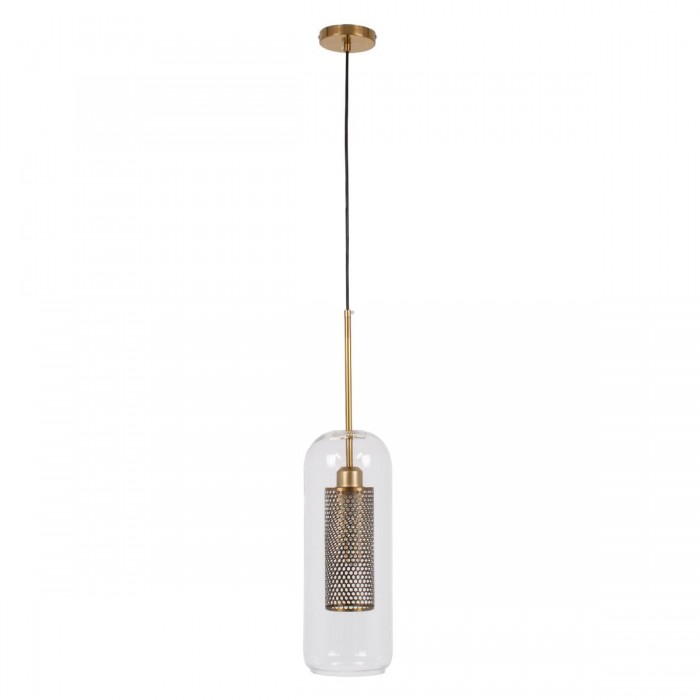 GloboStar® AVERY 00741 Μοντέρνο Κρεμαστό Φωτιστικό Οροφής Μονόφωτο 1 x E27 Διάφανο Γυάλινο με Χρυσό Μεταλλικό Πλέγμα Φ15 x Υ60cm