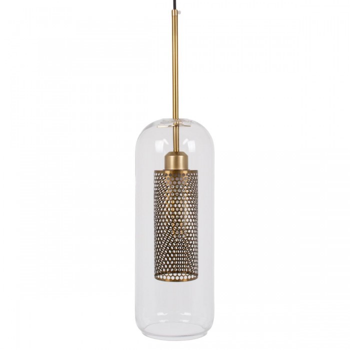 GloboStar® AVERY 00741 Μοντέρνο Κρεμαστό Φωτιστικό Οροφής Μονόφωτο 1 x E27 Διάφανο Γυάλινο με Χρυσό Μεταλλικό Πλέγμα Φ15 x Υ60cm