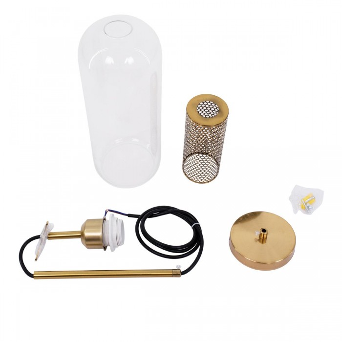 GloboStar® AVERY 00741 Μοντέρνο Κρεμαστό Φωτιστικό Οροφής Μονόφωτο 1 x E27 Διάφανο Γυάλινο με Χρυσό Μεταλλικό Πλέγμα Φ15 x Υ60cm