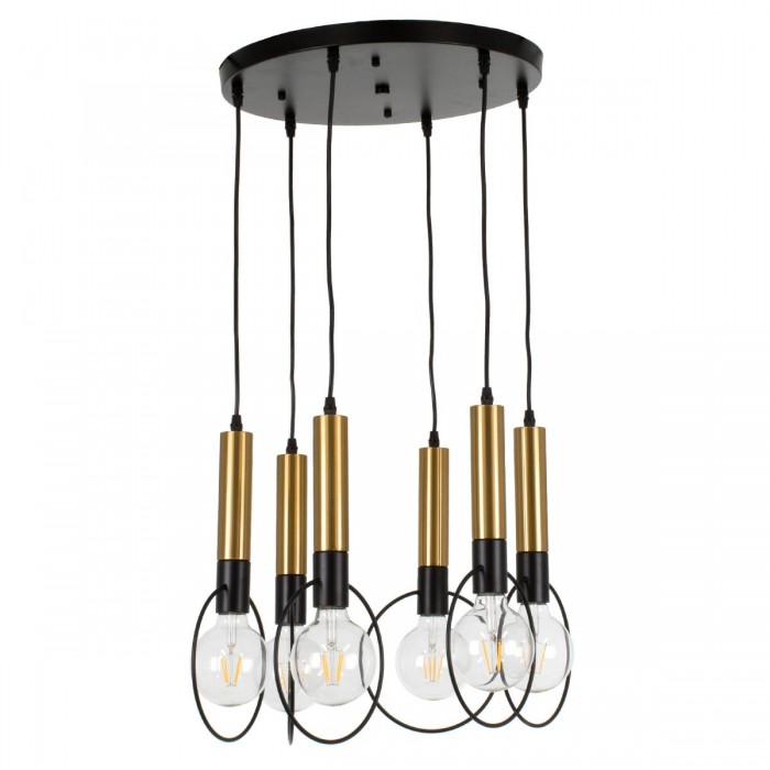 GloboStar® OLVERO 00774 Μοντέρνο Κρεμαστό Φωτιστικό Οροφής Πολύφωτο 6 x E27 Μαύρο - Χρυσό Μεταλλικό Πλέγμα Φ55 x Y130cm