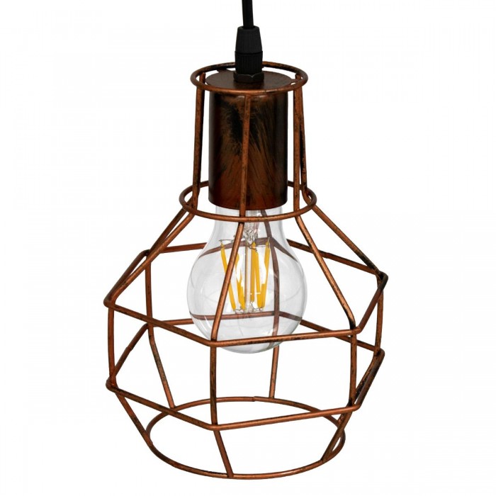 GloboStar® CAGE 00866 Vintage Industrial Κρεμαστό Φωτιστικό Οροφής Μονόφωτο 1 x E27 Καφέ Σκουριά Μεταλλικό Πλέγμα Φ15 x Y22cm