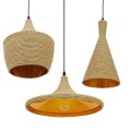 GloboStar® SHANGHAI ROPE 00875 SET 3 Μοντέρνα Κρεμαστά Φωτιστικά Οροφής Τρίφωτο 3 x E27 με Μπεζ Σχοινί Μεταλλικά Καμπάνα