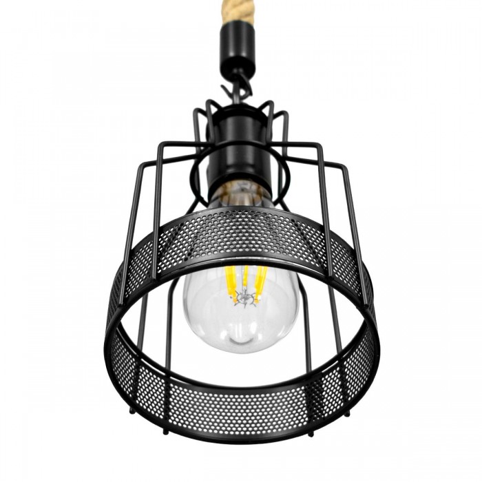 GloboStar® MASON 00881 Vintage Industrial Κρεμαστό Φωτιστικό Οροφής Μονόφωτο 1 x E27 Μαύρο με Μπεζ Σχοινί Φ15 x Y24cm