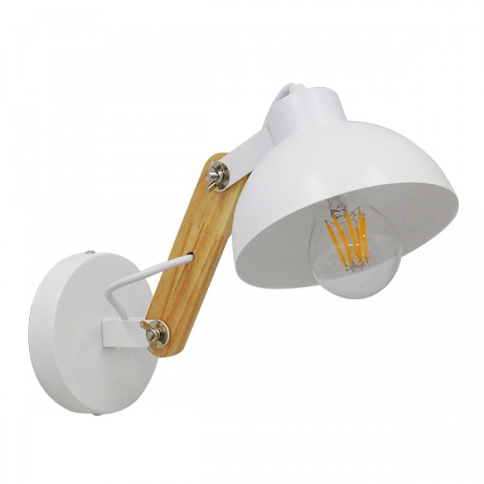 GloboStar® GRANT 00903 Μοντέρνο Φωτιστικό Τοίχου Απλίκα Μονόφωτο Λευκό με Ξύλινο Βραχίονα Μεταλλικό Φ15 x Y12cm