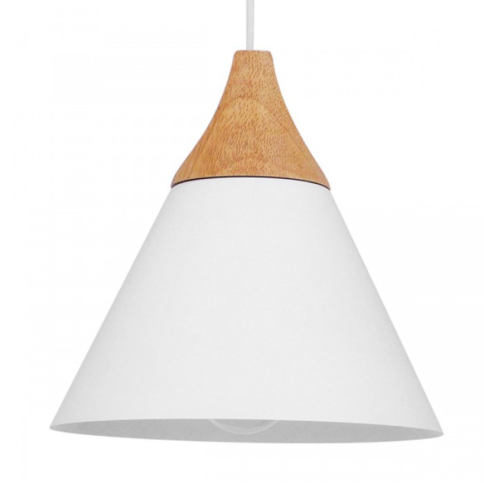 GloboStar® SHADE 00907 Μοντέρνο Κρεμαστό Φωτιστικό Οροφής Μονόφωτο 1 x E27 Λευκό Μεταλλικό με Ξύλο Καμπάνα Φ23 x Υ22cm