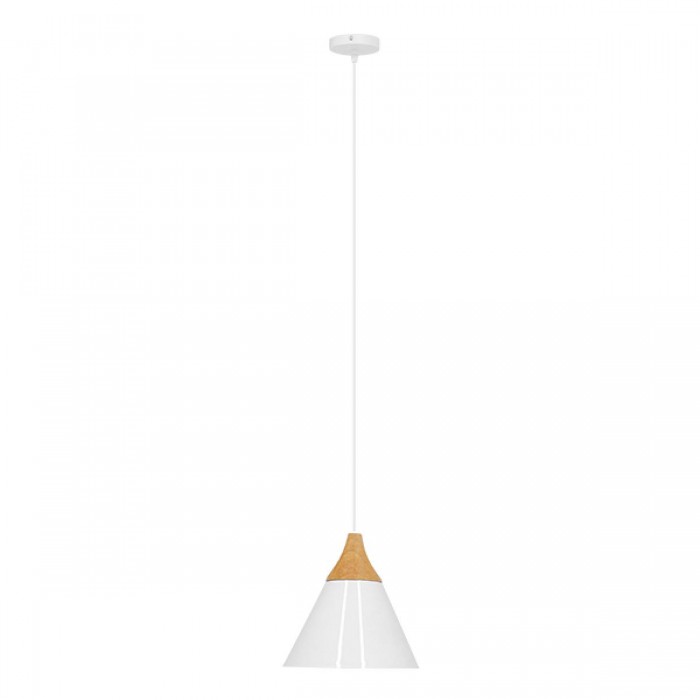 GloboStar® SHADE 00907 Μοντέρνο Κρεμαστό Φωτιστικό Οροφής Μονόφωτο 1 x E27 Λευκό Μεταλλικό με Ξύλο Καμπάνα Φ23 x Υ22cm